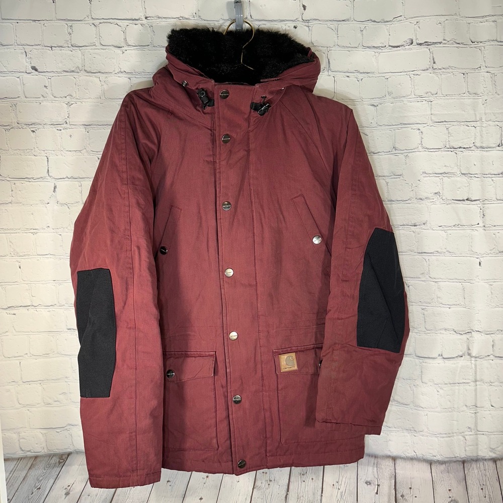 Carhartt WIP Trapper Parka Burgundy Faux Fur Hood Cordura Jacket Womens Small